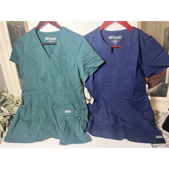 NWT Lot 2 Grey's Anatomy By Barco Indigo Deep Forest V-Neck Scrub Top Size S XS - Picture 1 of 8